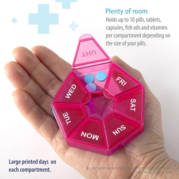 Deke Home - Small Weekly Pill Organizer, Round Pill Dispenser for Travel, Mini Pill Organizer, Compact Medicine Holder, Pill Sorters 7 Days, Portable Vitamin Container, BPA Free (Food Grade)