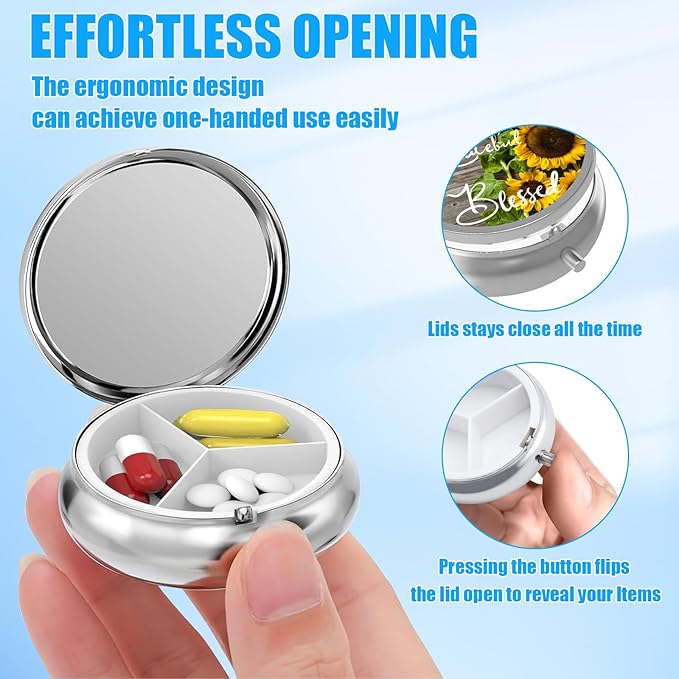 Vintage Sunflower Pill Case, Pill Box 3 Compartments Metal Small Pill Holder with Mirror Mini Travel Pill Container for Purse Pocket Women Men