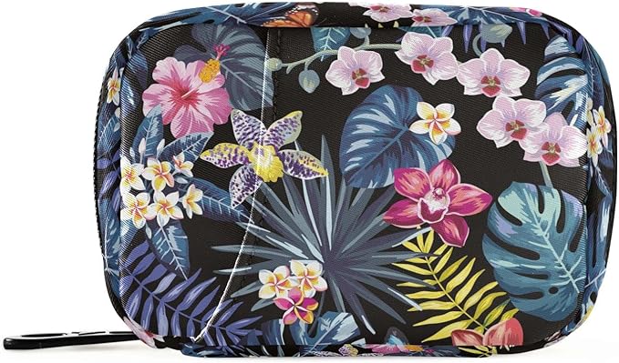 Naanle Pill Organizer Hawaii Palm Leaves Flowers Pill Box 7 Day Pill Case Bag Travel Pill Organizer Bag with Zipper Portable Weekly Case Compact Size for Vitamin Supplement Holder