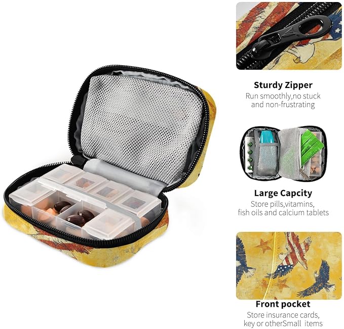 July 4th Bald Eagles Flag Yellow Cute Pill Organizer Weekly Travel Pill Box 7 Day Large Capacity Pill Dispenser Case with 8 Pill Container Daily Pill Box Organizer Vitamin Holder Pill Bot