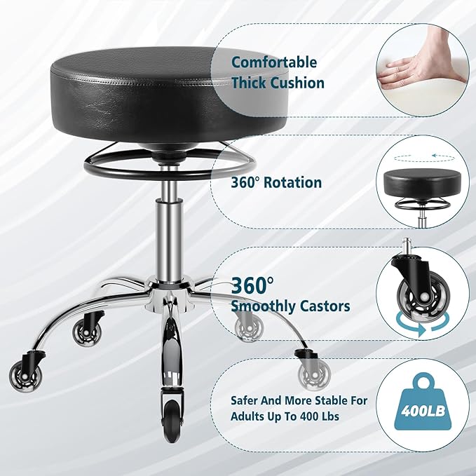 Rolling Stool with Wheels 400lbs Weight Capacity,Heavy Duty Lash Chair Adjustable for Tatoo Lab Massage Salon Spa Drafting Nail Teach,360 Swivel,Leather,Thick Seat Padding (Black)
