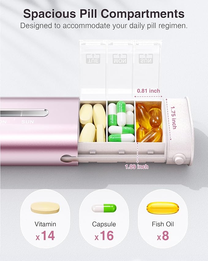 Zannaki Aluminum 7 Day Weekly Pill Organizer, Portable Travel Pill Case with Three Layer Seal, Large Capacity Cute Daily Pill Box, Pill Holder Container for Vitamins, Pills, Supplements and Medication