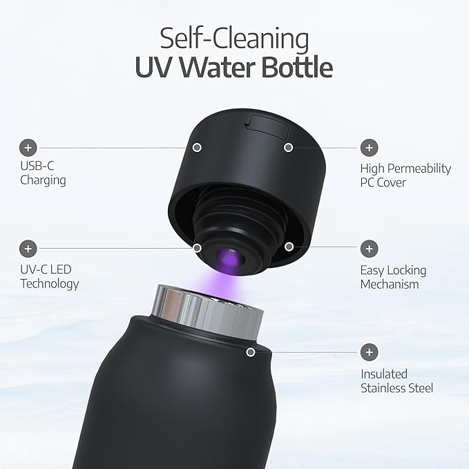 UVBRITE UV self-Cleaning and Water-Purifying Bottle TT-B02-18.6 Ounce Insulated Rechargeable Stainless-Steel Tumbler with Safety Lock Prevents Accidental Exposure Ideal for Outdoor and Emergency use