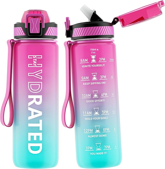 Water Bottle with Straw, 27oz Motivational Water Bottles with Time Marker to Drink, Tritan BPA Free, 750ml Sports Water Bottle with Carry Strap LeakProof for School Fitness Outdoor (1Pack)