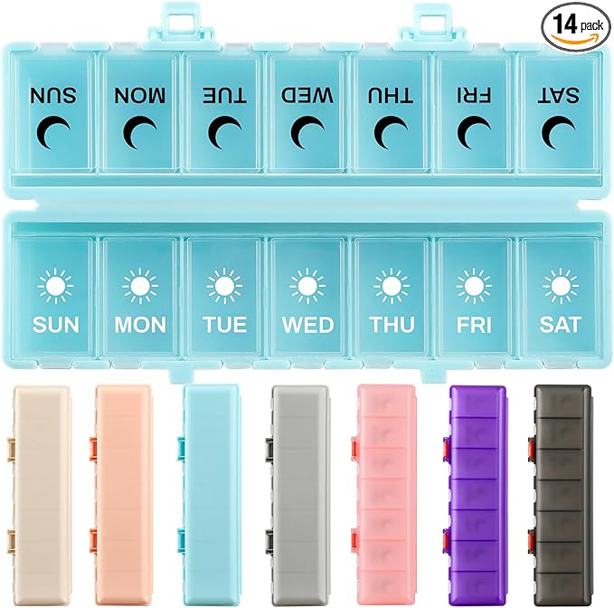 Foldable Pill Organizer Weekly 2 Times a Day, 7 Day Portable AM PM Travel Pill Case with Black&White Labels, Dual-Protection Daily Medicine Box, Large Pill Container for Vitamin/Supplement-Blue