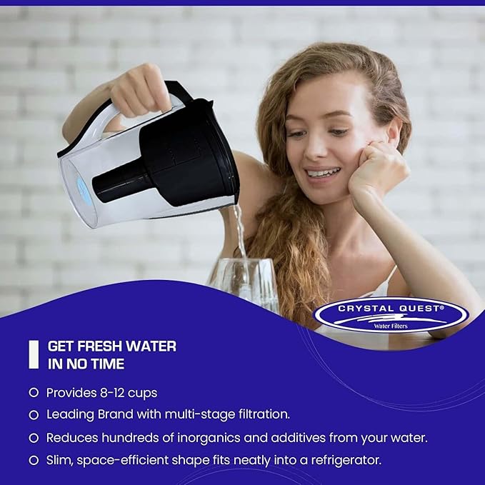Crystal Quest Water Filter Pitcher - 12-Cup Capacity, Includes 1 Long-Life Filter, BPA Free, Meets NSF Standard 42 - Filters up to 2,000 Gallons – Smart +Fluoride Removal/Black