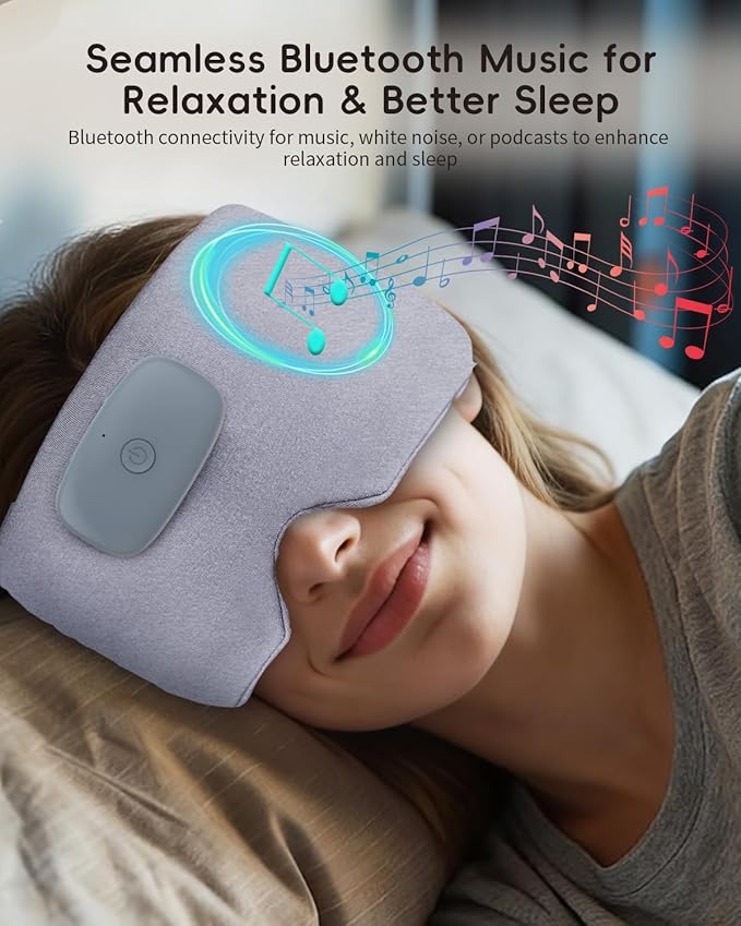Heated Music Sleep Mask - Eye Mask for Sleep with Heat & Music, 3 Heat Levels, Bluetooth 6.0, Soft Fabric for Eye Strain, Dry Eyes & Migraine Relief - Unisex, Light Gray