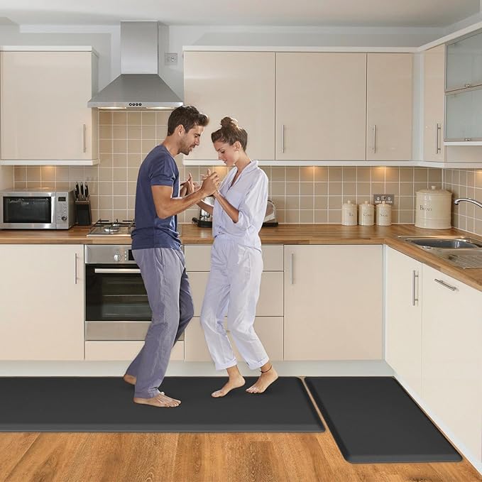HappyTrends 2 PCS Kitchen Mat Cushioned Anti-Fatigue Floor Mat, Heavy Duty Ergonomic Comfort Foam Standing Mat, Waterproof Non-Slip Kitchen Rugs for Home, Office(20"x30"+20"x60",Black)