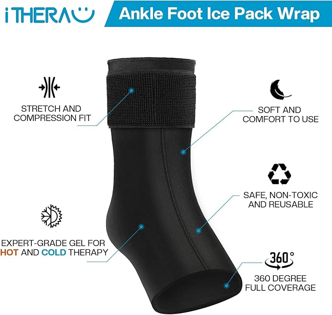 iTHERAU Ankle Ice Pack Wrap 2 Pack, Reusable Gel Hot & Cold Therapy for Foot & Heel Injuries | Achilles Tendonitis, Plantar Fasciitis, Swelling, Sprained, Pain Relief