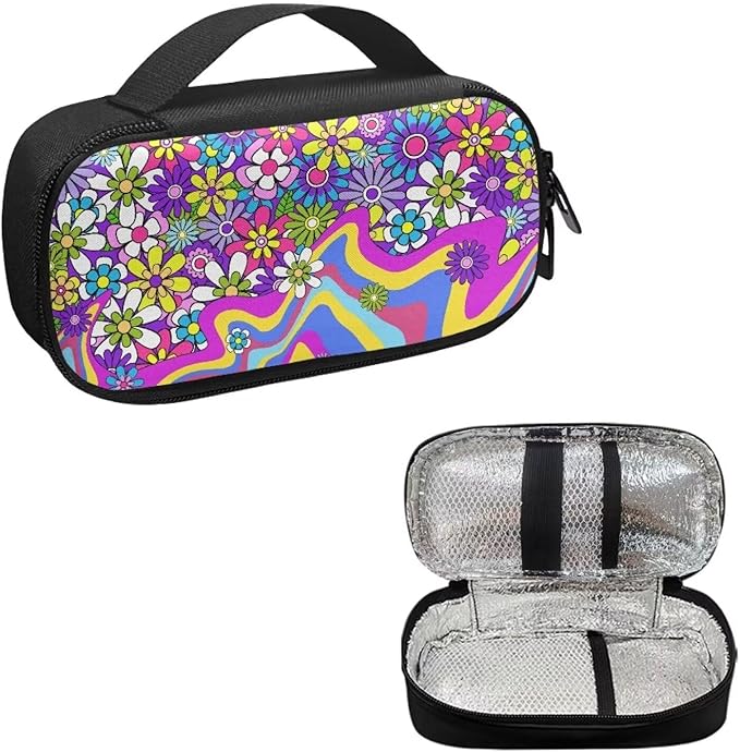 Hippie Flowers Purple Insulin Cooler Bag Water & Scratches Resistant Glucose Meter & Diabetic Supplies Travel Case to Store Insulin Pen, Lancets, Insulin Syringe