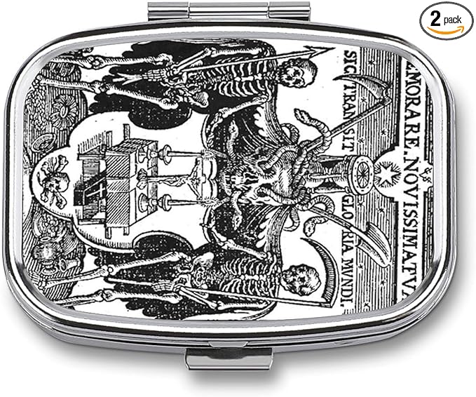 Metal 2 Compartment Pill Organizer Travel Friendly Portable Compact Pill Box Cute Pill Case to Hold Vitamins,Fish Oil,Supplements,Meds,Tablet for Purse,Pocket. (Skeleton Warrior)