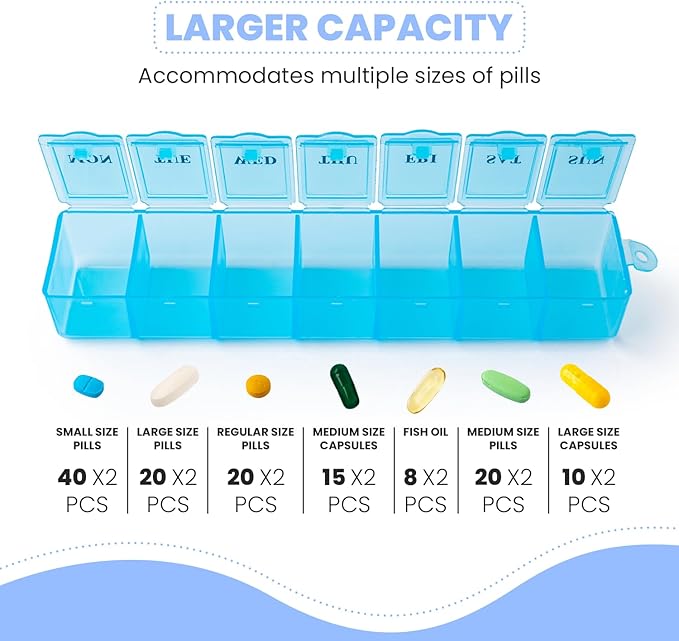 2 Pack Pill Box Weekly Pill Organizer Blue - Daily Pill Organizer, 7 Days One-Time-A-Day, Easy to Open Lids, Pop Up Compartments, Portable for Travels - Safe Material by December Springs