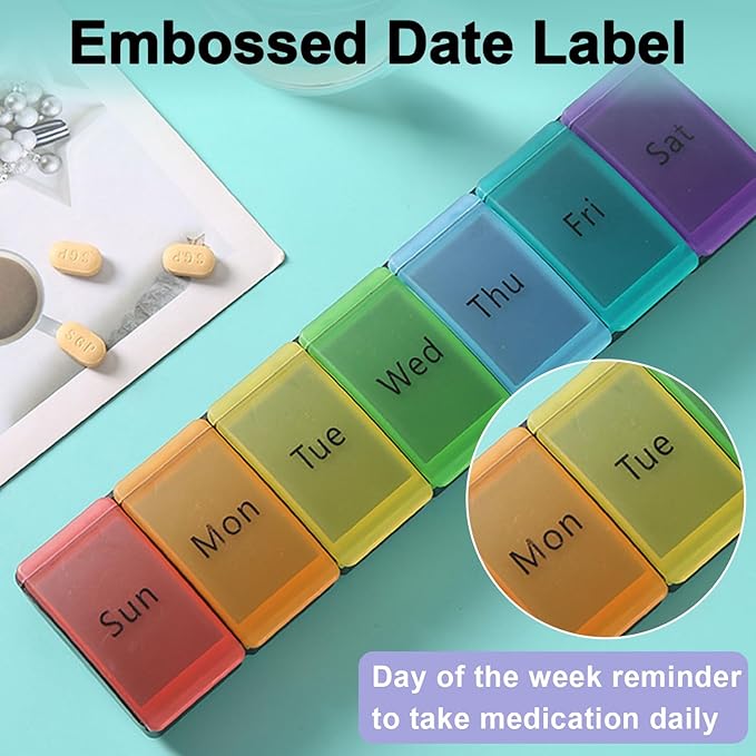 Weekly Pill Organizer, 7 Days Portable Travel Pill Box, 7-Compartment Medicine Planner Dispenser, Easy to Open, Senior-Friendly, Storage for Vitamins, Fish Oil (Black, 7-Color lid)