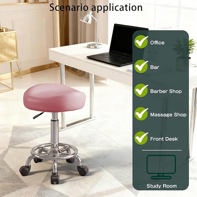 Saddle Stool, Adjustable Height Ergonomic Swivel Chair with Wheels, PU Leather Saddle Seat with Ring Pedal for Salon, Massage, Clinic, Lab, and Office