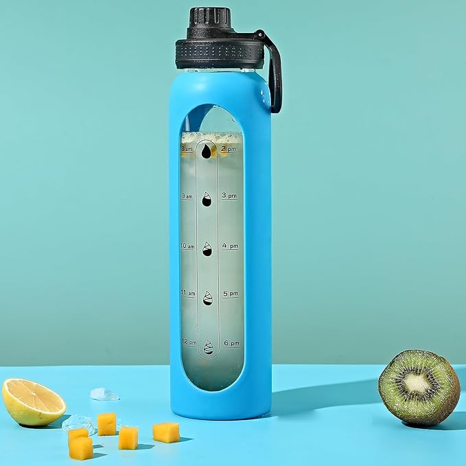 GIEMIT Glass Water Bottles 32oz with Silicone Sleeve Drinking Hydration Bottles Reusable Borosilicate Wide Mouth Motivational Water Flask Canteen with Time Marker Spout Lid and Brush (Blue)