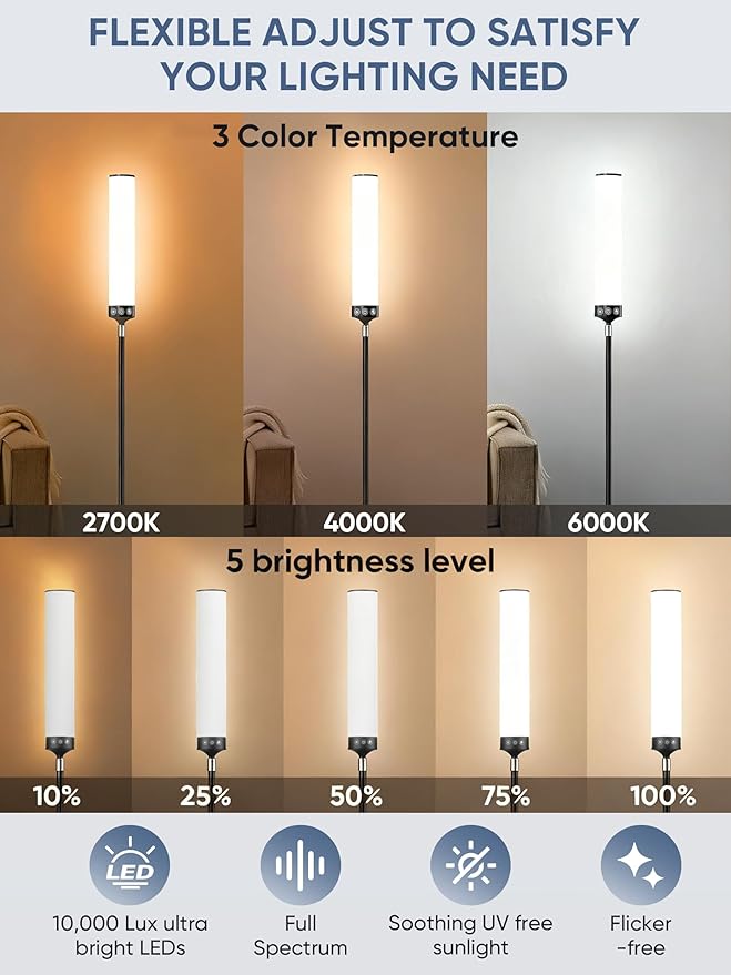 Light Therapy Lamp 10,000 Lux Happy Therapy Light with Remote, 2-in-1 Pedestal to Tabletop Full Spectrum Daylight Lamp with Adjustable Color/Brightness/Timer, Memory Function, Black