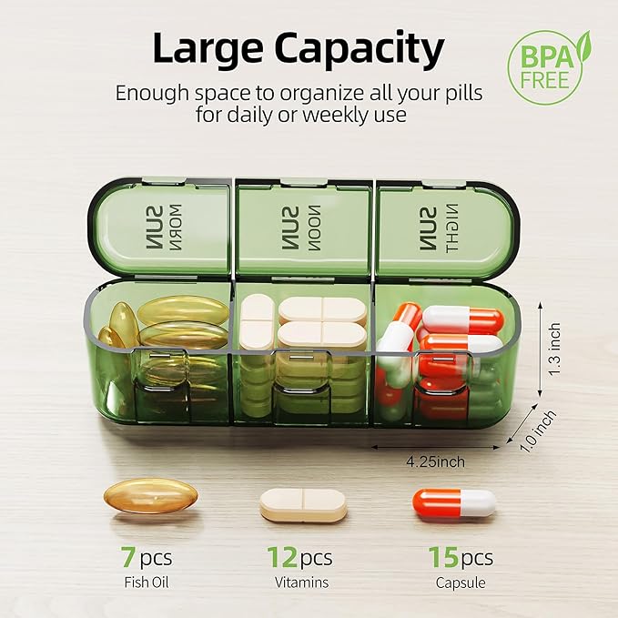 Weekly Pill Organizer 3X a Day, Detachable 7 Day Pill Box 3 Times a Day with Moisture-Proof Design, Portable Light-Proof Daily Pill Case for Pills,Vitamin,Fish Oil and Supplements(Green)