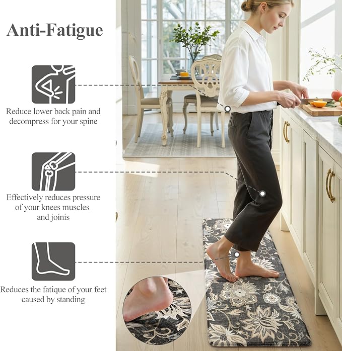 LEEVAN Anti Fatigue Mats for Kitchen Floor 2 Piece,Cushioned Memory Foam Black Kitchen Mats for Floor,Comfort Floral Boho Non Slip Kitchen Floor Mat for Sink,Laundry,Office(17''x29''+17''x47'')