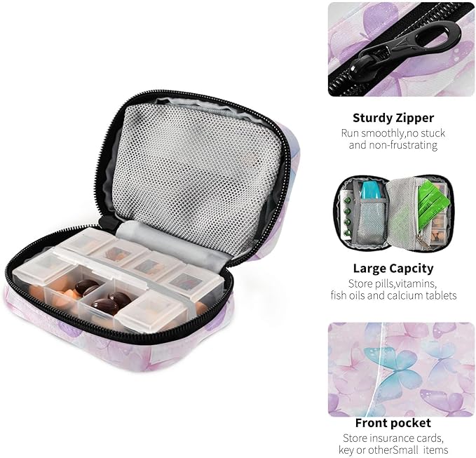Pink Butterfly Travel Pill Case Bag with Compartments Twill Fabric Organizer with Plastic Inner Box for Medication Vitamins & Supplements