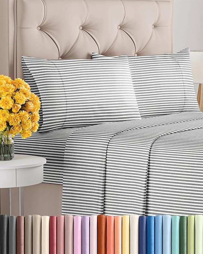 King Size 4-Piece Sheet Set - Extra Soft, Breathable & Cooling - Hotel Luxury Durable Bed Sheets - Deep Pockets, Easy-Fit & Wrinkle-Free - Grey Stripes Oeko-Tex