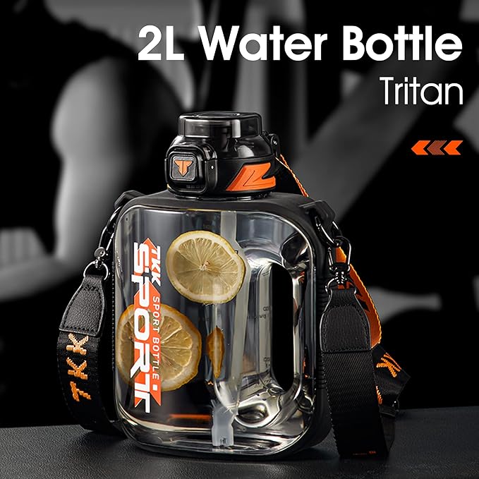 TKK Half Gallon Water Bottle Jug with Straw, Large Capacity Plastic Water Bottle, Dishwasher Safe, 1/2 Gallon 64 Oz, BPA Free Tritan for Gym, Yoga, Travel, Camping, Outdoor, Black