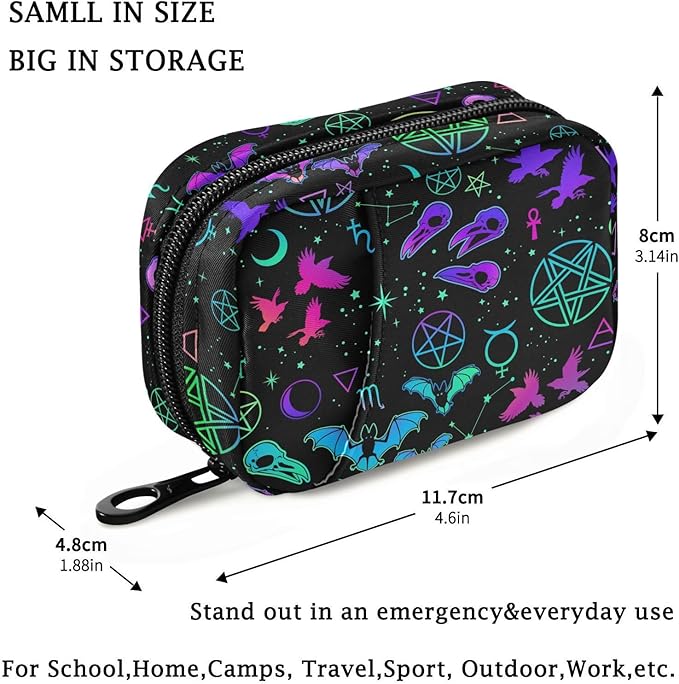 Fustylead Witchcraft with Different Magic Elements and Animals Travel Pill Case Bag with Zipper Weekly Pill Box 8 Compartments 7 Day Personal Pill Case Purse Medicine Case Organizer