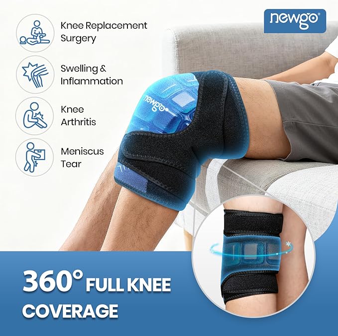 NEWGO 360° Knee Ice Pack Wrap, 60 Minutes Extended Cold Therapy with Ice Grid Gel, Ergonomic Y-Shape Snug Fit for Sports & Surgery Recovery, Swelling, Leak-Resistant, Reusable Design - 2 Pack