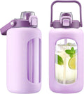 72oz Glass Water Bottle with 2-IN-1 Straw &Chug Lid, Large Motivational Glass Bottle with Capacity Marker and Silicone Sleeve, 2.1Liter Gallon Water Jug for Home, Sports, Gym, BPA Free-Light Purple
