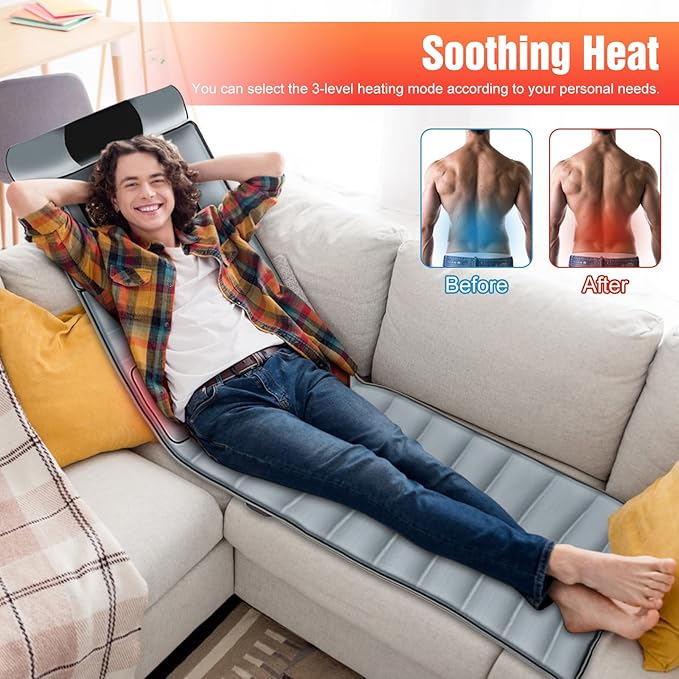 Heated Full Body Massage Mat – 10 Motors Vibration Massage Pad for Bed, with Inflatable Neck Pillow & Lumbar Support, 3 Timer Settings, Electric Shiatsu Back Massager for Home Use