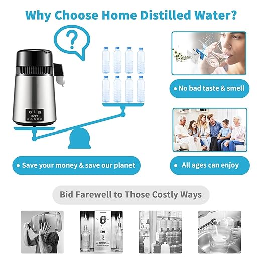 Water Distiller with Dual Temp Display and 0-99H Timer,1.1Gal 750W Distilled Water Maker for Alcohol and Essential Oils,Stainless Steel Countertop Distilled Water Machine