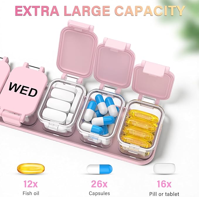 2-Pack Extra Large Weekly Pill Organizer, Travel Pill Box 7 Days, XL Vitamin Holder with 7 Detachable Compartments, Protable Medicine Organizer for Home and Travel