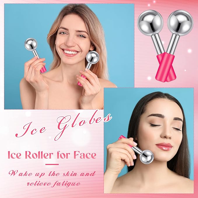 Baderke 2 Pcs Ice Globes for Face Stainless Steel Cooling Globes Unbreakable Cooling Roller Women Ice Balls Cryo Sticks Facials Skin Care for Dark Circles, Puffiness(Silver (Pink Handle))