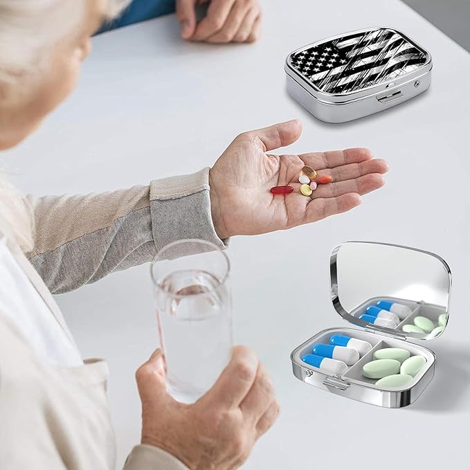 Pill Box-2 Compartment Small Pill Case Square Organizer Case with Mirror Portable Metal Medicine Box Travel Container for Pocket & Purse Women Men（Black USA Flag）