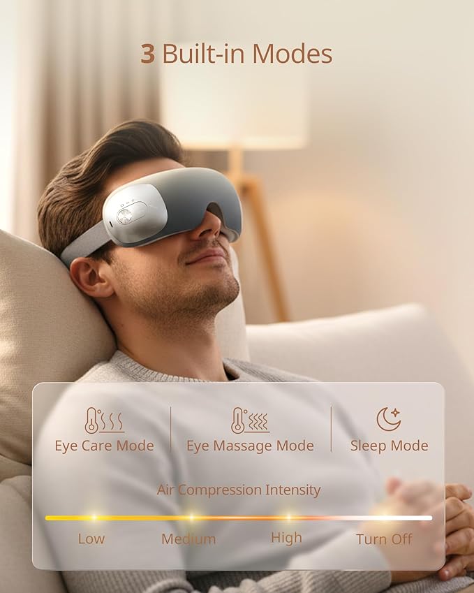 Ultra Light Eye Massager with 2 Level Heat, 120 Mins Uses, 3 Air Compression & Massage Modes, Heated Eye Mask with Bluetooth Music for Migraine Relief, Strain and Dry Eyes, Eye Relief for Women Men