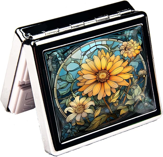7 Days Chromed Shiny Silver Pill Organizer with Mirror Inside Has 8 Separate Compartments Rectangle 7 Days Pill Box Pill Case (Stained Glass Flower)