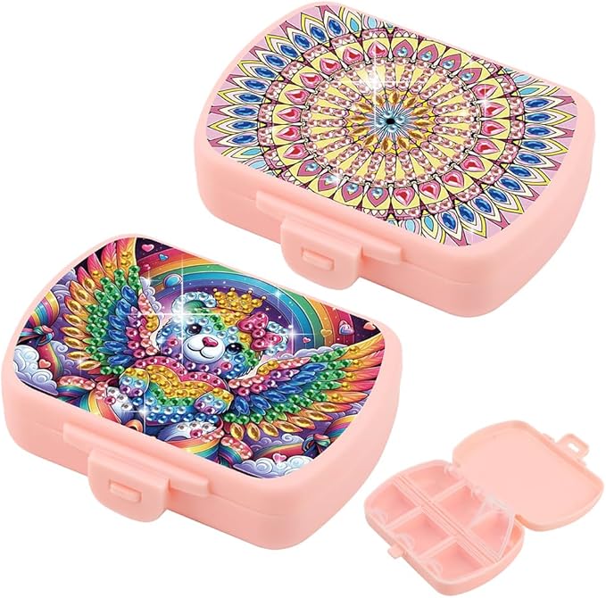 C'eitura 2pcs DIY Mandala & Bear Diamond Art Painting Pink Pill Organizer with 6 Lid Detachable Compartments, Fun DIY Craft Project for Adults, Elegant Pill Case for Purse & Travel