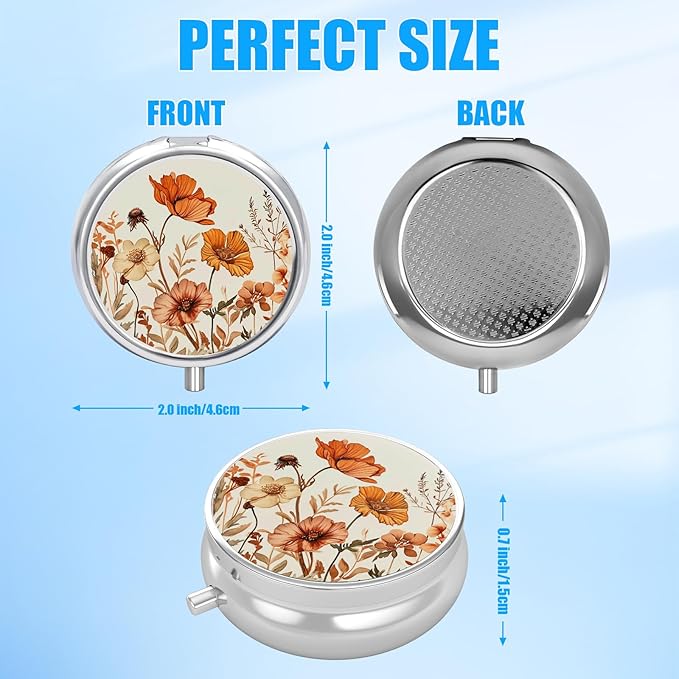 Pill Box, 3 Compartments Small Pill Case Travel Portable Metal Medicine Box with Mirror Mini Container for Purse Pocket Women Men(Red Poppy Flower)