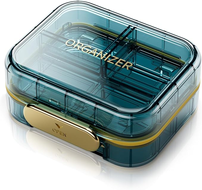 Portable Travel Pill Organizer with 7 Compartments - Perfect Weekly Pill Case Waterproof Pill Box for Daily Vitamins and Medicine, Small Pill Container for Pocket Purse (Blue)