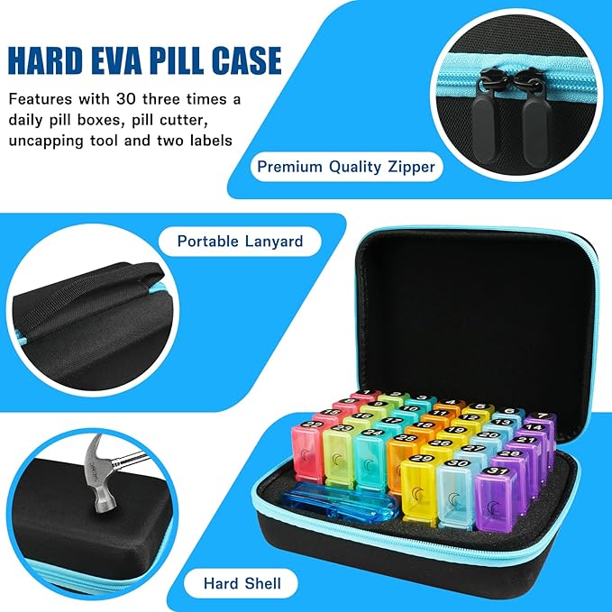 Monthly Medicine Pill Organizer 2 Times a Day, Travel Pill Box with Labels and Pill Cutter, Medication Organizer with 31-Day Compartments, Portable Vitamin Holder Storage Case with Hard Shell