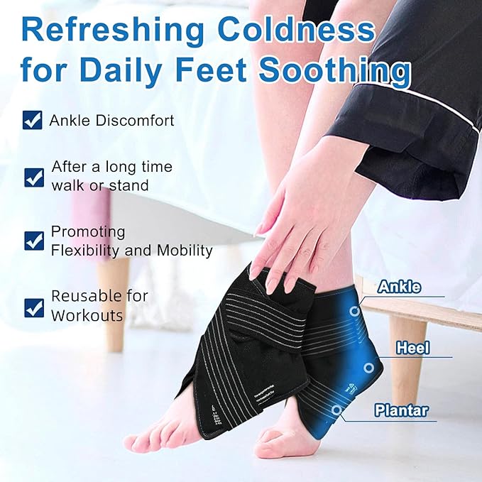 Ankle Ice Pack Wrap with Compression – Reusable Cold Gel Pack for Foot and Achilles, Dual Strap Design with Soft Plush Lining, Flexible Cold Therapy for Ankle Support