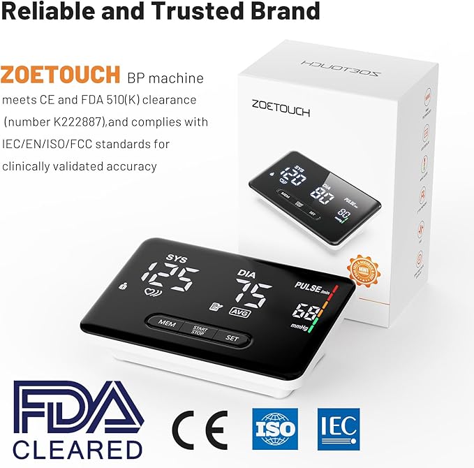 Smart Bluetooth Blood Pressure Monitor by ZOETOUCH - Clinically Accurate - Digital Wireless BP Machine Cuff Upper Arm for Home Use Large LED Display, App Connectivity, 2 Users, Fits Arms 8.7-16.5"