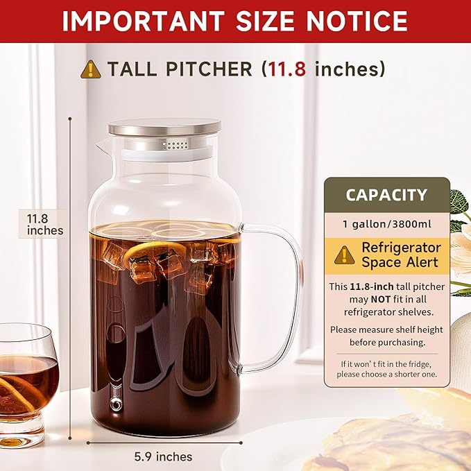 Glass Water Pitcher with Lid and Spout, 1 Gallon Heat Resistant Borosilicate Glass Carafe, Temperature Safe