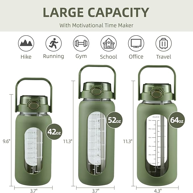 Glass Water Bottle with Straw and Handle Lid Half Gallon Motivational Glass Bottle with Silicone Sleeve and Time Marker Large Reusable Sports Water Jug for Gym Home Workout