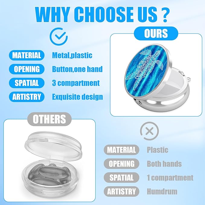 Blue Marble Turtle Pill Case, Pill Box 3 Compartments Metal Small Pill Holder with Mirror Mini Travel Pill Container for Purse Pocket Women Men