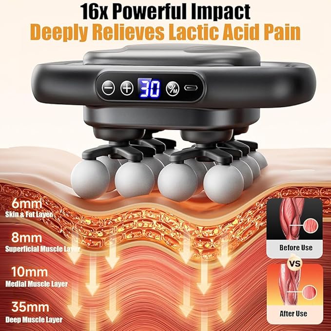 16 Head Massage Gun Deep Tissue - Electric Percussion Massager with Multi Ball Heads, Cordless Handheld Muscle Massage Tool for Back, Neck, Shoulder & Body Pain Relief, Gift for Athletes & Adults