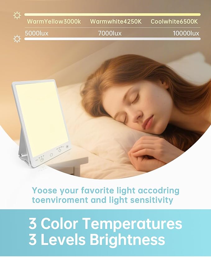 Light Therapy Lamp with 10,000 Lux, UV-Free, LED Bright White Light with 3 Color Temperature, 3 Brightness Levels, 20-60min Timer, Touch Control Happy lamp - Boost Mood, Sleep & Focus