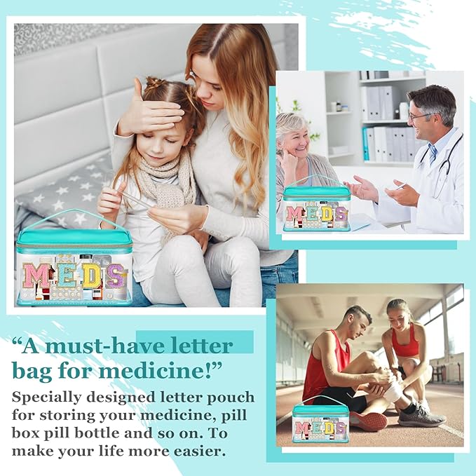 Chenille Letter Bag Clear MEDS Makeup Pouch, Preppy Small Medicine Bag Travel Drugs Pills Zipper Pouch with Handle, Nylon Waterproof Portable Meds Bag Toiletry Organizer for Patient Nurse(MEDS-Green)