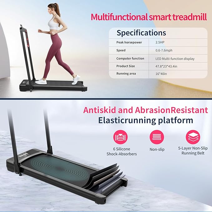 Walking Pad Treadmill, Remote Control Treadmills for Home Small,Portable Under Desk Treadmill, Running Machine with LED Display,Silver & White
