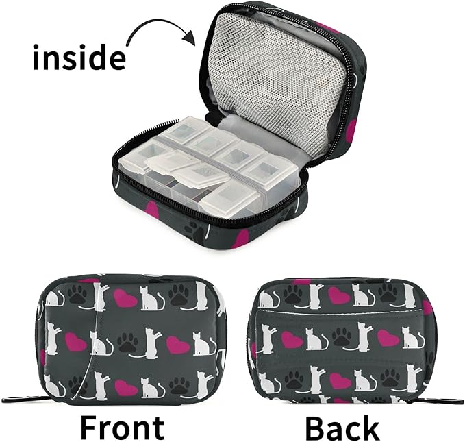 Cute Cat Heart Pill Case, Portable Weekly Pill Box Bag Container 7 Days Pill Organizer Vitamin Supplement Holder with Zipper for Travel Family Business
