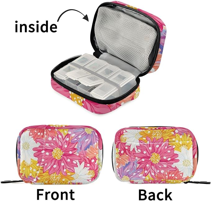 Pill Organizer Box Case Weekly Travel Pills Container Holder 7Day Cute Vitamin Organizer Dispenser Sorter Planner Storage Small Compact Cute Pink Chrysanthemum Flowers